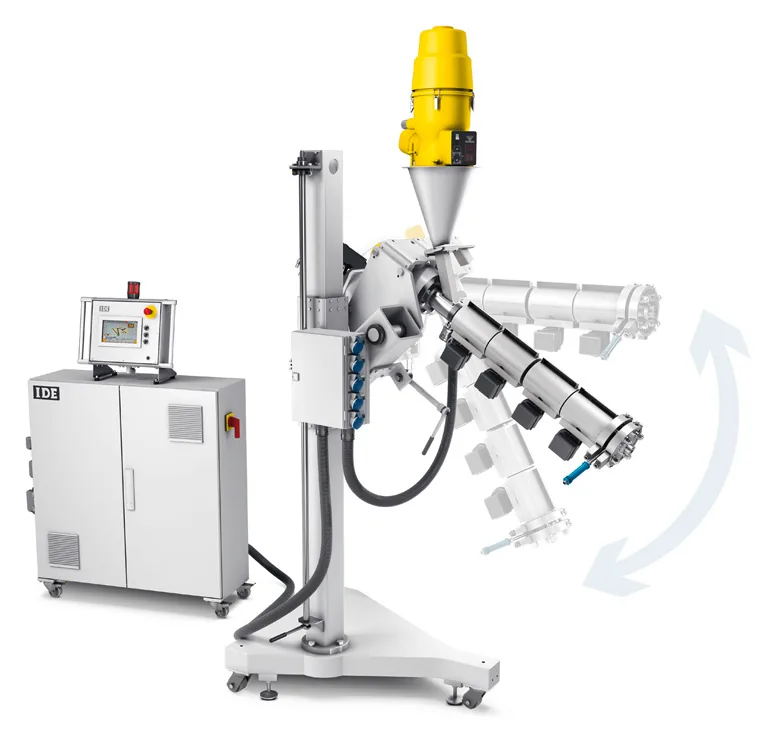 Swivelling IDE co-extruder on a mobile carriage